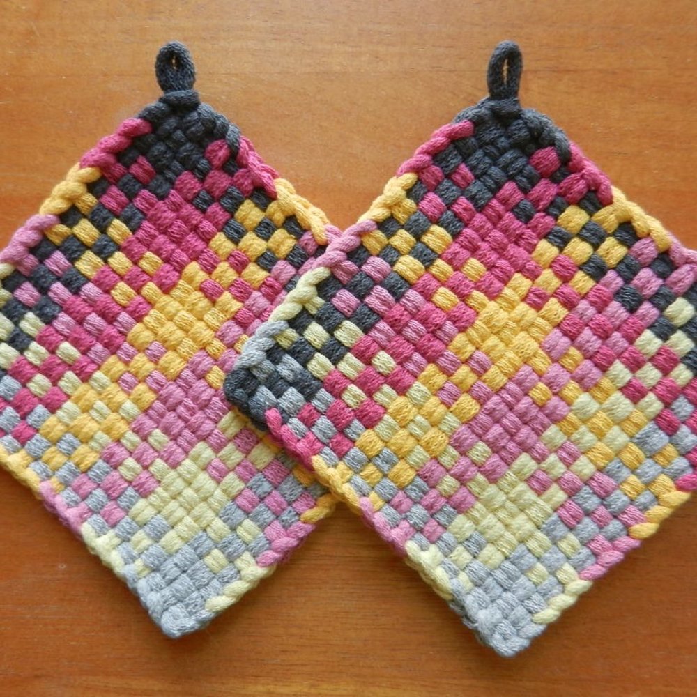 Set of 2 Handmade Artisan Cotton Woven Loomed Potholders Trivets
